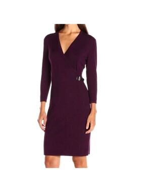 Calvin Klein 3/4 Sleeve Faux Wrap Buckle Sweater Dress Eggplant Purple Sz XL